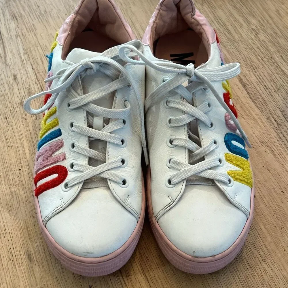 Moschino white pink colorful leather sneakers with tufted branding kids youth 5